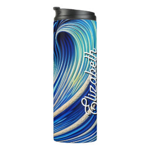 Garrafa Térmica Nome personalizado Grande Onda Azul Do Oceano Azul