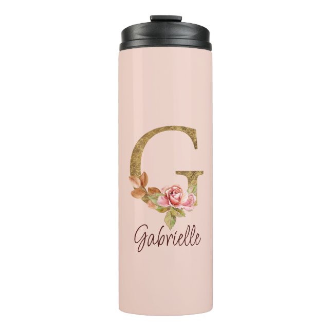 Garrafa Térmica Nome Personalizado - Letra G Espinho Ouro - Rosas  (Frente)