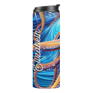 Garrafa Térmica Nome Personalizado Octopus Blue Ocean Wave