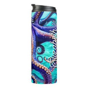 Garrafa Térmica Nome Personalizado Octopus Blue Ocean Wave Abstrat