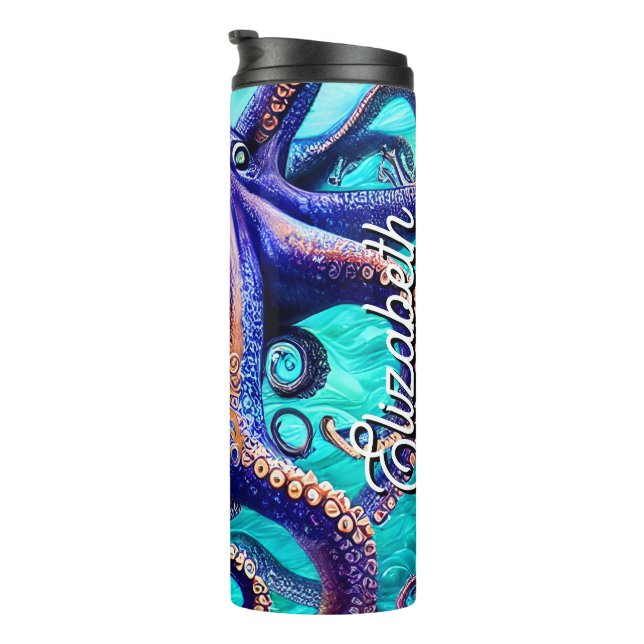 Garrafa Térmica Nome Personalizado Octopus Blue Ocean Wave Abstrat (Rotação à direita)