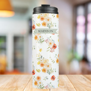 Garrafa Térmica Nome Personalizado Padrão Floral Ensolarado Aquare