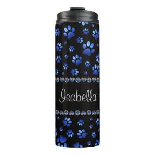 Garrafa Térmica Nome personalizado, patas de cachorro brilho azul