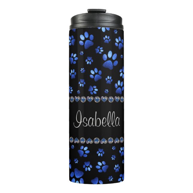 Garrafa Térmica Nome personalizado, patas de cão com brilho azul (Frente)
