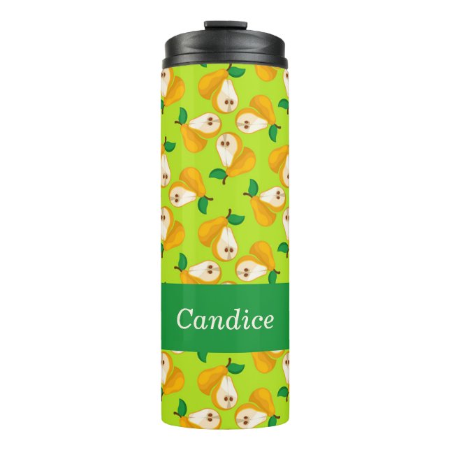 Garrafa Térmica Nome personalizado pera laranja em verde (Frente)