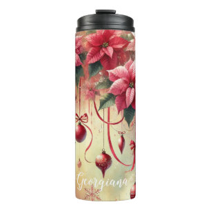 Garrafa Térmica Nome Personalizado Poinsettia Whimsical Baubles de