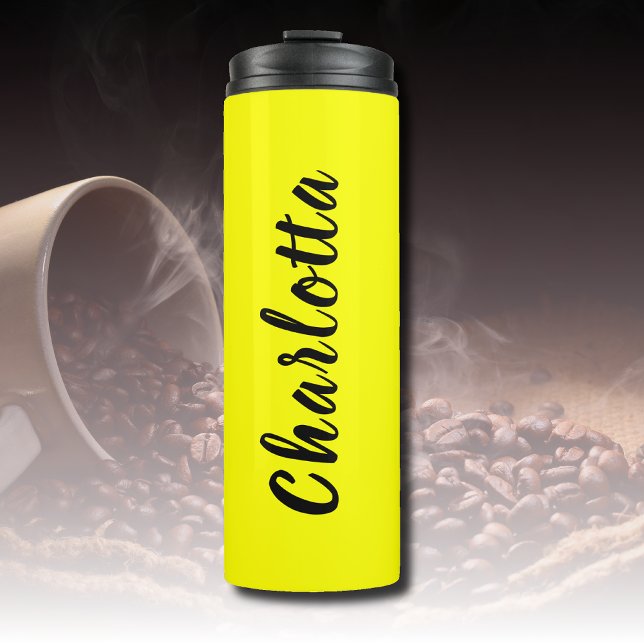 Garrafa Térmica Nome Personalizado Preto | Cor Amarelo-Neão (Criador carregado)