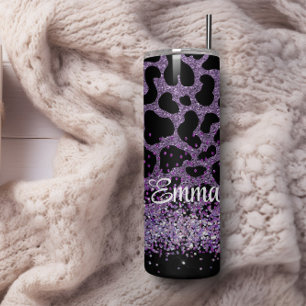Garrafa Térmica Nome personalizado Purple Leopard glitter Skinny T