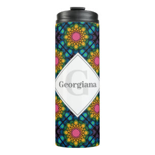 Garrafa Térmica Nome Personalizado Rainbow Floral Fountain Azulejo