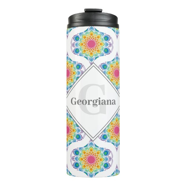 Garrafa Térmica Nome Personalizado Rainbow Floral Mandala Retro Og (Frente)