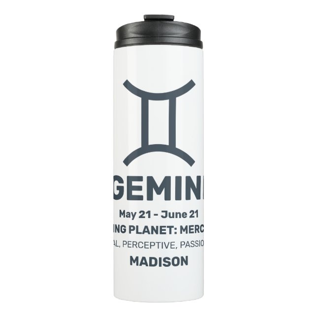 Garrafa Térmica Nome Personalizado / Sinal de Zodíaco de Texto Gem (Frente)