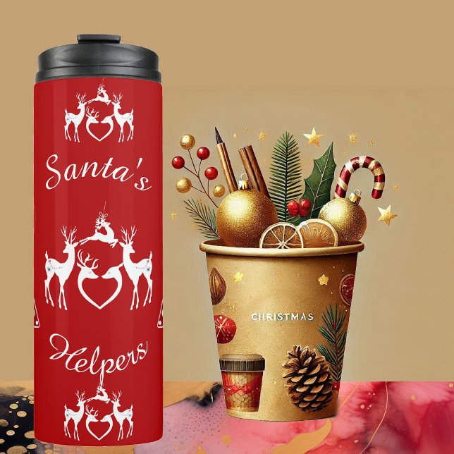 Garrafa Térmica Nórdicos Reinadores de Natal Papais noeis Brancos  (Nordic Christmas Reindeers White Santa Helpers Red Thermal Tumbler)