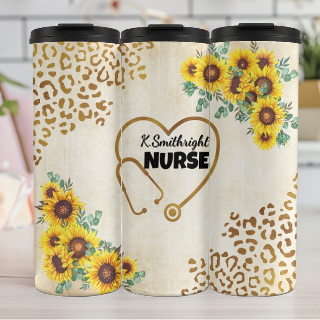 Garrafa Térmica Nurse Sunflower Leopard Print Heart (Criador carregado)