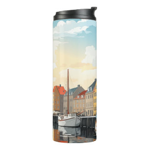 Garrafa Térmica Nyhavn Porto de Copenhague Dinamarca Aquarela de V