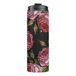 Garrafa Térmica O bordado do rosa vermelha vintage é um padrão p