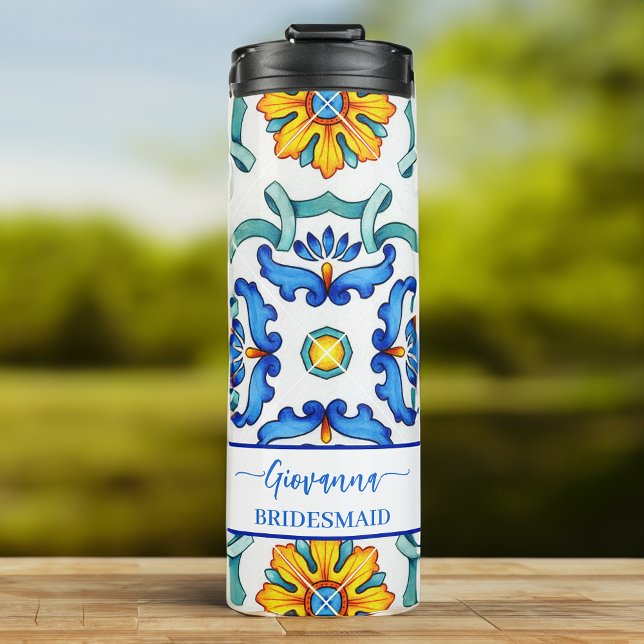 Garrafa Térmica O partido de noiva de Bridesmaid favorece Majolica (Bridesmaid gift bridal party favors Majolica blue personalized name Thermal Tumbler)