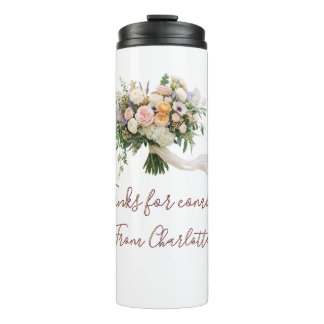 Garrafa Térmica obrigado por vir bouquet floral verde azul nome mo