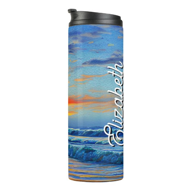 Garrafa Térmica Oceano azul turquesa no pôr do sol (Rotação à direita)