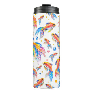 Garrafa Térmica Oceano de Cor – Peixe Dourado Vibrante em Aquarela