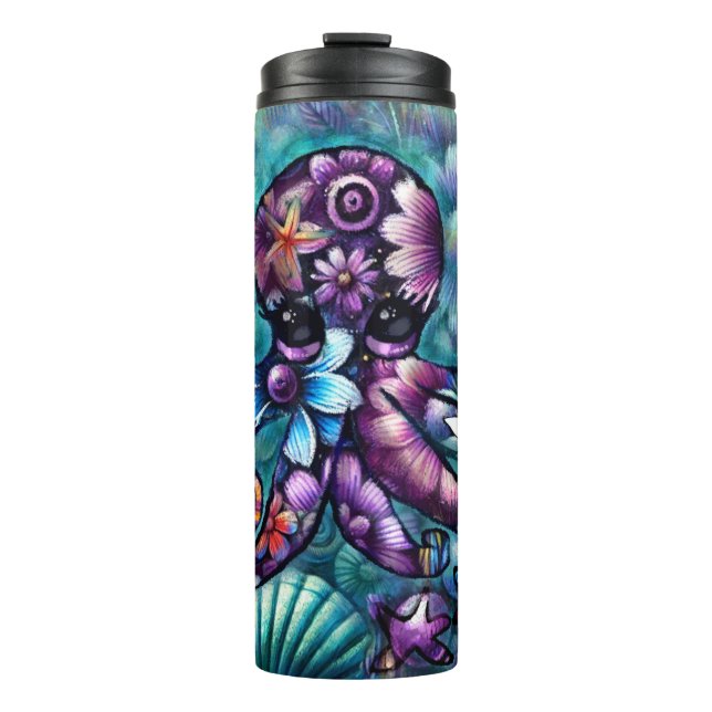 Garrafa Térmica Octopus Floral Teal Roxo Azul Costeira (Frente)