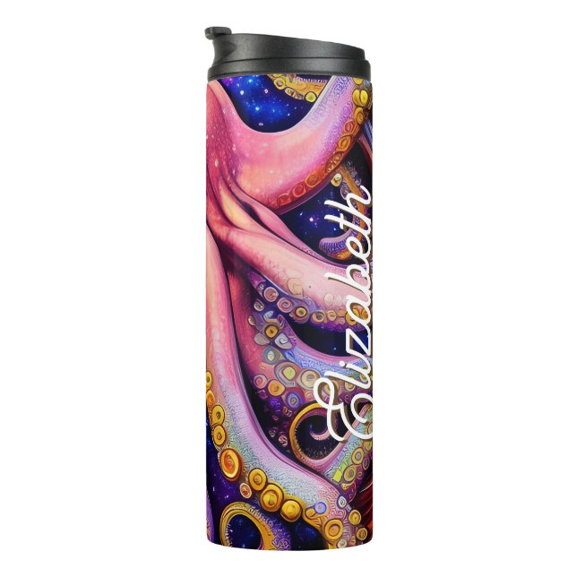 Garrafa Térmica Octopus Rosa Whimísico com Nome Personalizado (Rotação à direita)