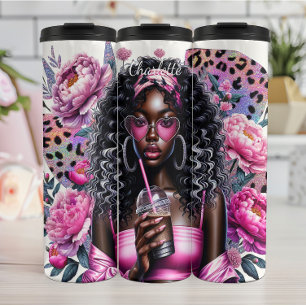 Garrafa Térmica Óculos de sol do coração Glama de café rosa-leopar