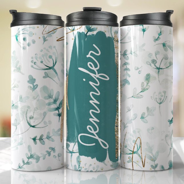 Garrafa Térmica Oferta Floral Emerald Verde Personalizada Única (Floral Tumbler )