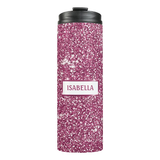 Garrafa Térmica Olhar de Textura de Brilho Rosa Falso Com Nome Per (Frente)