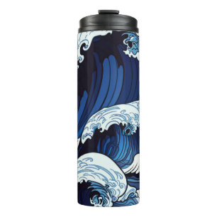 Garrafa Térmica Ondas Azuis Abstratas do Oceano Arte no Estilo Jap