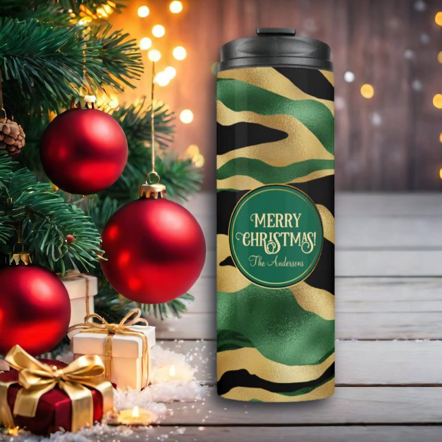 Garrafa Térmica Ondas Douradas brilhantes verdes a preto (Criador carregado)