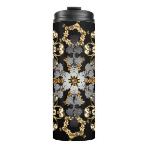 Garrafa Térmica Ouro esboço da decoração floral. Elemento de es