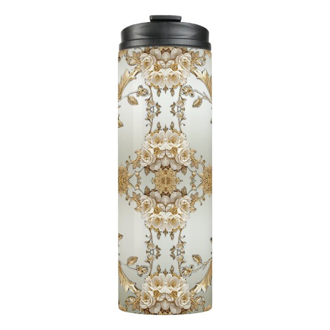 Garrafa Térmica Ouro Ornamentado Branco Flores Térmicas (Frente)