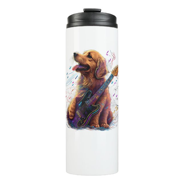 Garrafa Térmica Ouro Retriever cão Tocando Violão Elétrico (Frente)