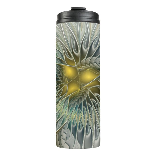 Garrafa Térmica Ouro Silver Flower Fantasy abstrato de Arte Fracta (Frente)