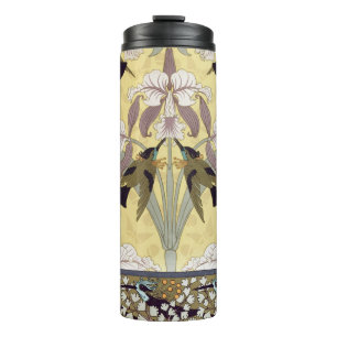 Garrafa Térmica Padrão Art Nouveau de Orquídea Beija-flor Vintage
