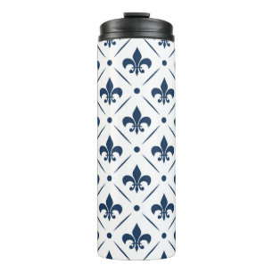 Garrafa Térmica Padrão azul escuro Fleur De Lis sobre fundo branco