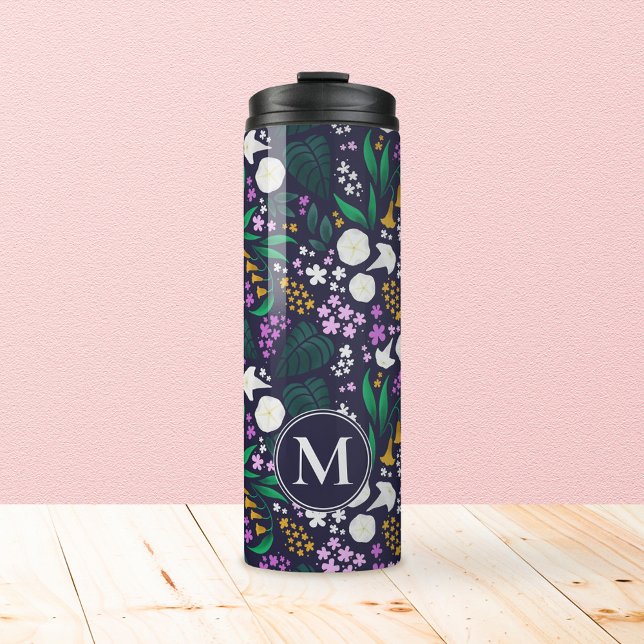 Garrafa Térmica Padrão Botânico Floral do Jardim da Lua Noturna (Moon Garden Monogram Tumbler)