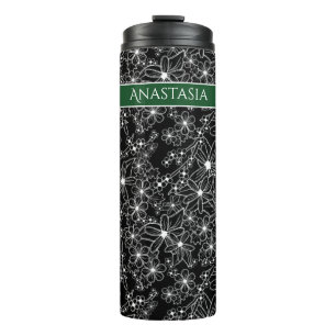 Garrafa Térmica Padrão Branco Preto Floral Desenhado à Mão e Nome 