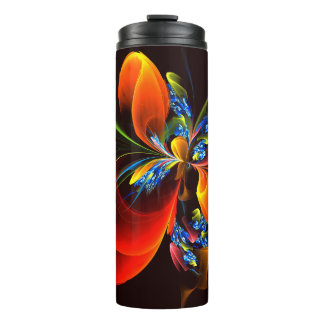 Garrafa Térmica Padrão de Abstrato de Arte Floral Azul Laranja Mod