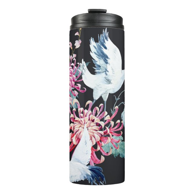 Garrafa Térmica Padrão de Aquarela de Crane Vermelha Chrysanthemum (Frente)