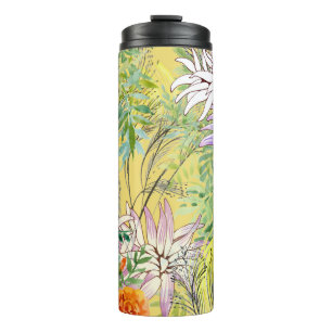 Garrafa Térmica Padrão de Aquarela Floral de Fundo Amarelo