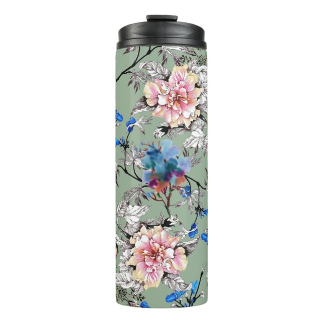 Garrafa Térmica Padrão de Aquarela Floral de Fundo Verde. (Frente)