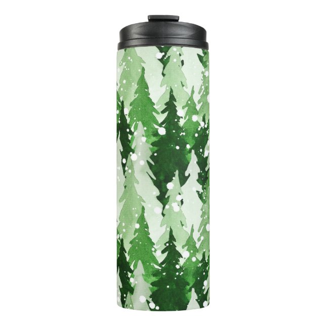 Garrafa Térmica Padrão de aquarelas sem costura com pinheiros verd (Frente)