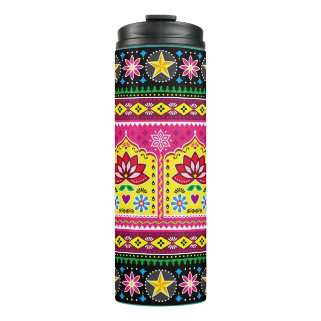 Garrafa Térmica padrão de arte folclórica floral indiana, (Frente)