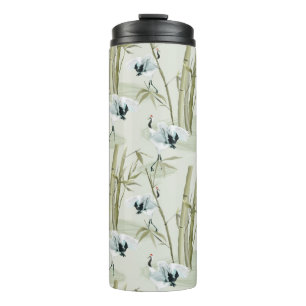 Garrafa Térmica Padrão de Ave Bamboo de Arte Asiática da Aquarela