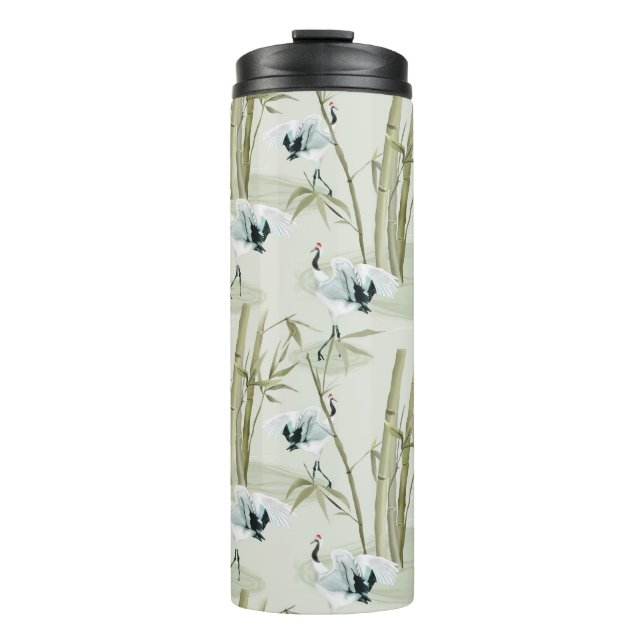 Garrafa Térmica Padrão de Ave Bamboo de Arte Asiática da Aquarela  (Frente)