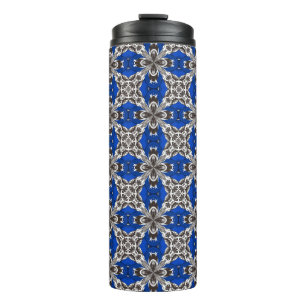 Garrafa Térmica Padrão de Azulejo Repetido Azul Real, Cinza e Bran