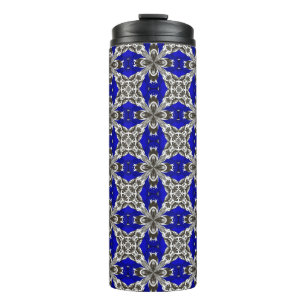 Garrafa Térmica Padrão de Azulejo Repetido Azul Safira Cinza e Bra