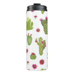 Garrafa Térmica Padrão de Cacto Verde Pintado à Mão