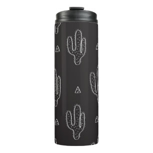 Garrafa Térmica Padrão de Cactus Preto Desenhado à Mão